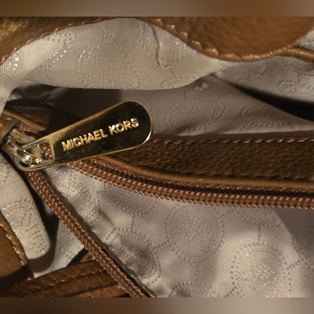 Michael Kors Tan Work Tote Pebbled Leather Gold Medium Harper Everyday Work Bag - Picture 14 of 16
